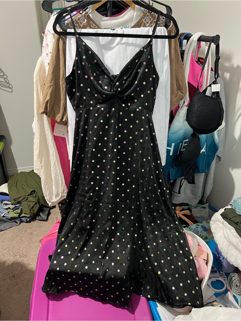 Just U In Polka Dot Midi Dress in Black & Pink NWT